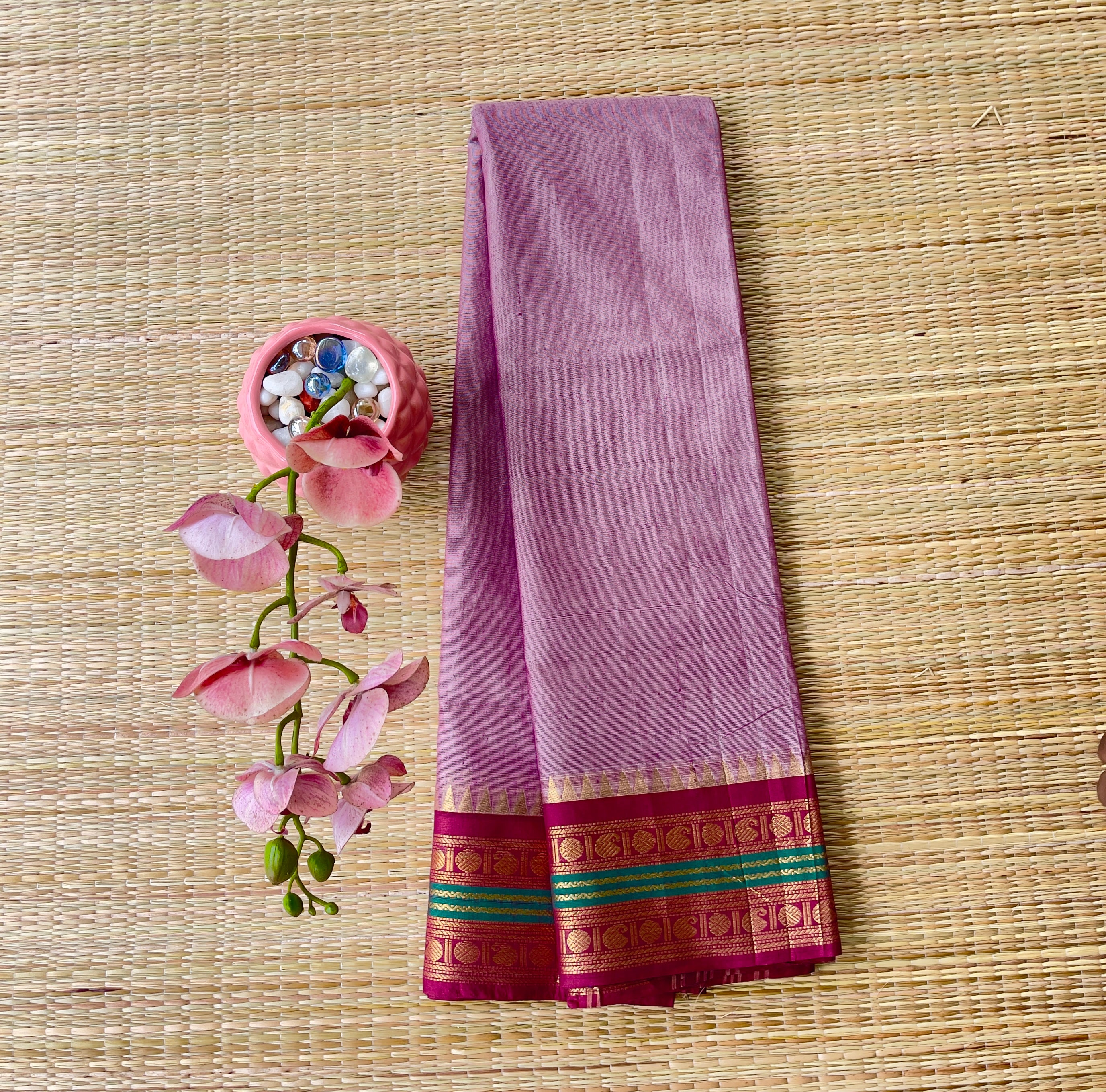Soft Lavender Handloom Cotton Saree with Maroon Zari Border