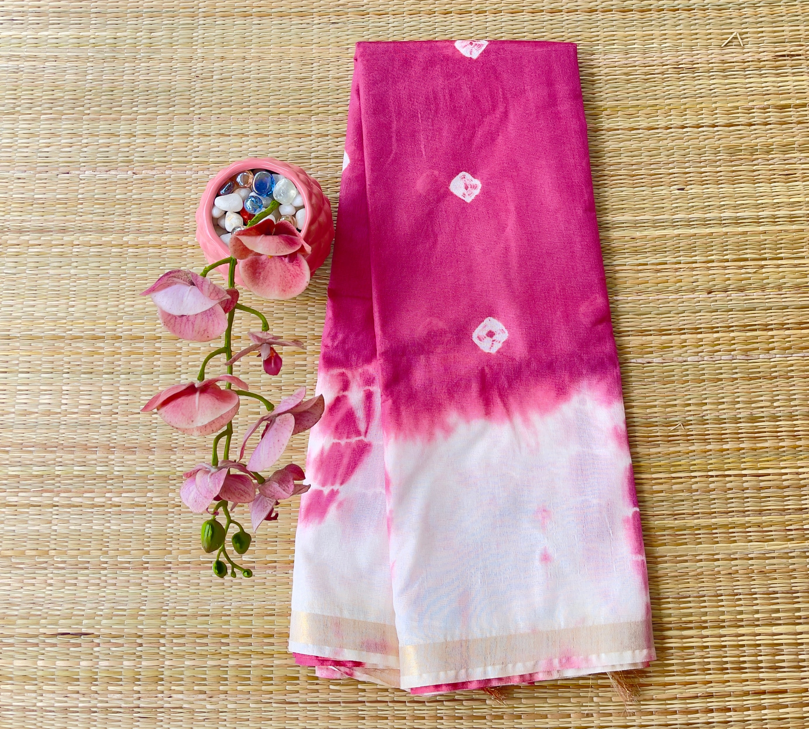 Handcrafted Tie-Dye Soft Tussar Saree in Onion Pink & White