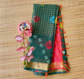 Bottle Green Soft Tussar Saree with Gold Checks & Bandhani