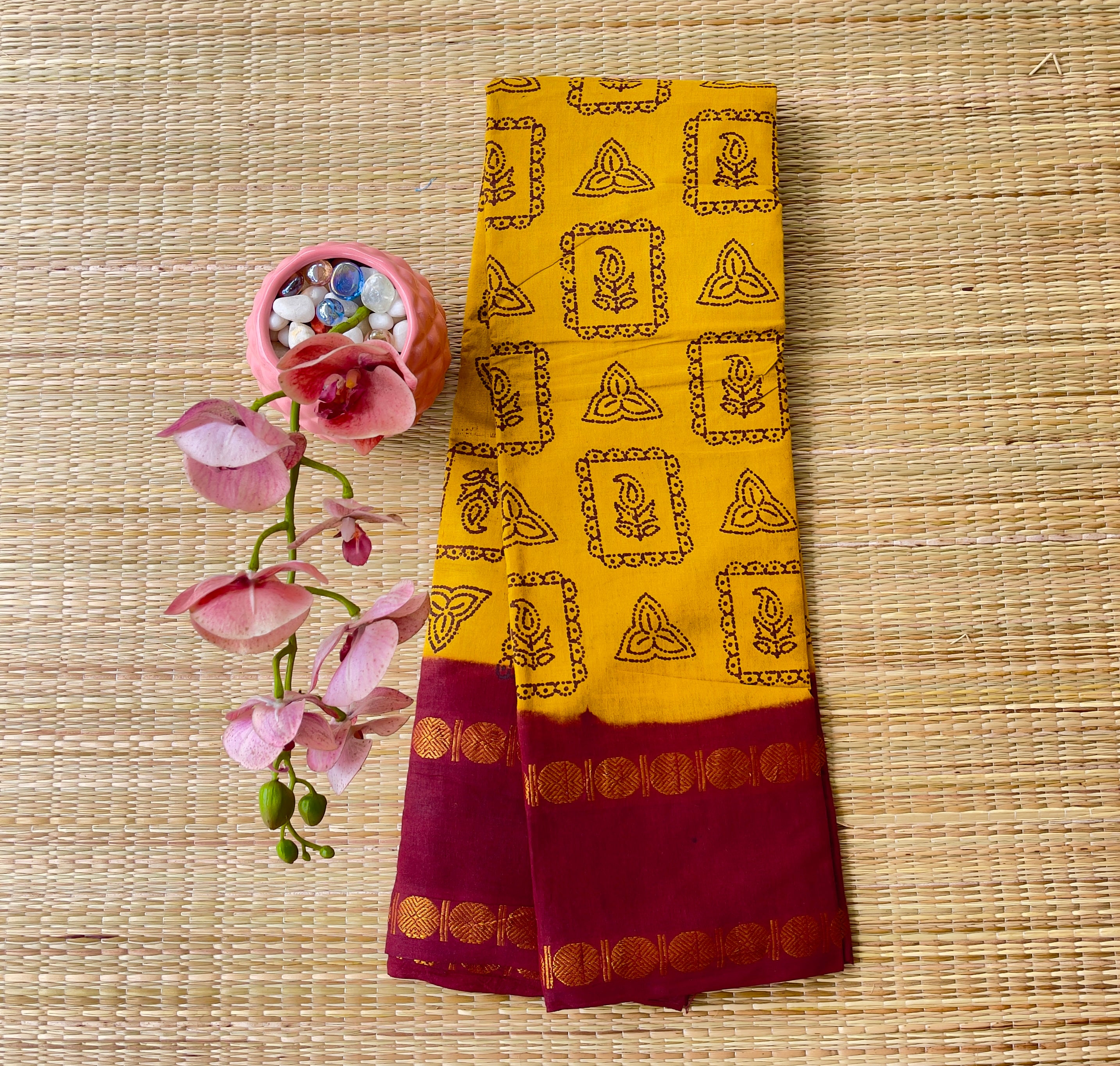 Mustard Yellow Adyar Print Chungidi Cotton Saree with Maroon Zari Border