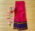 Wine Red Adyar Print Chungidi Cotton Saree with Deep Navy Blue border