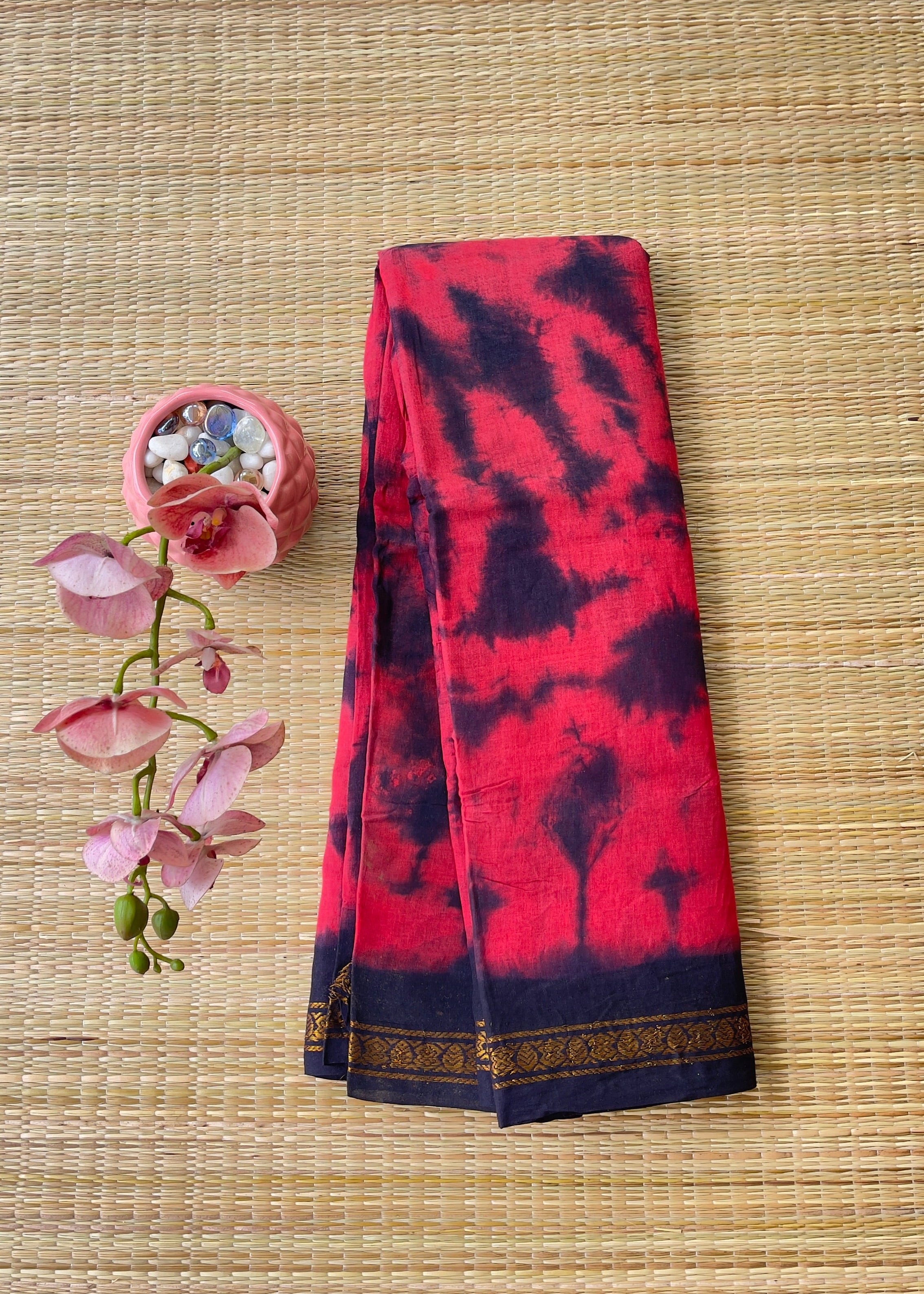 Red Handcrafted Tie-Dye Cotton Saree with Deep Blush Black tie-dye &amp; border