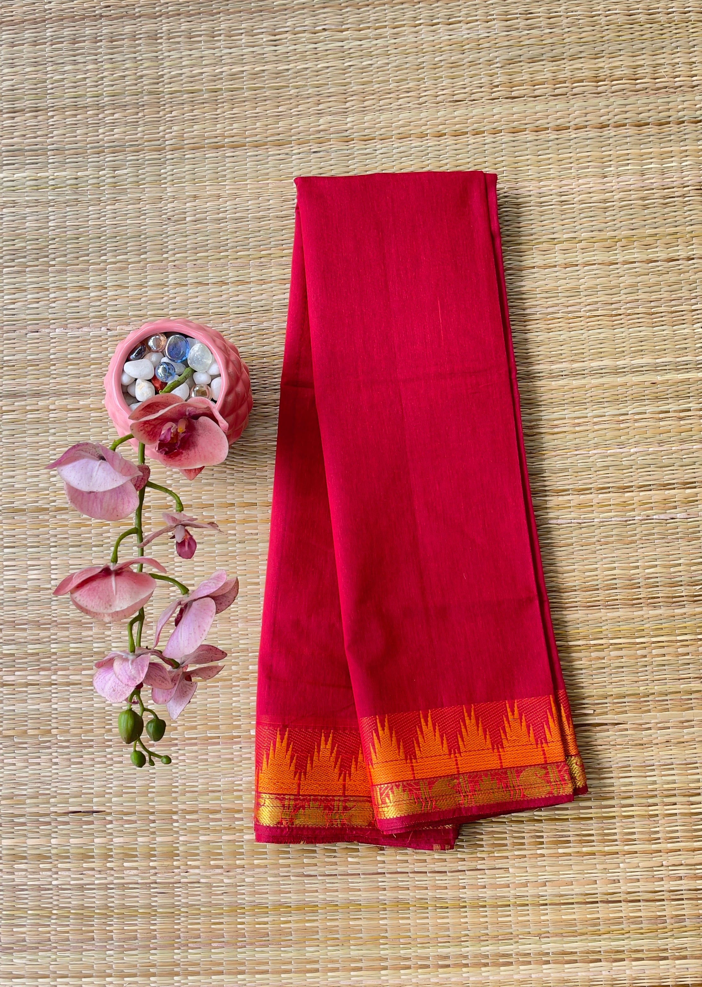Chilly Red Plain Cotton Saree with Golden Temple Border